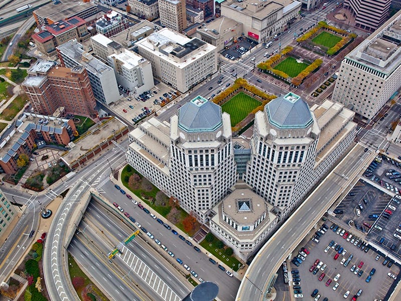 An aerial view of a city.