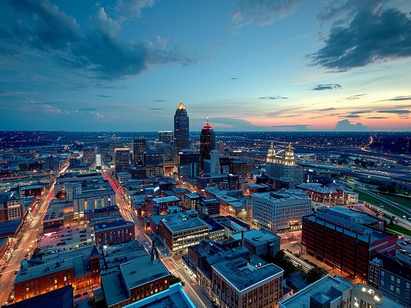 An aerial view of a city at dusk.