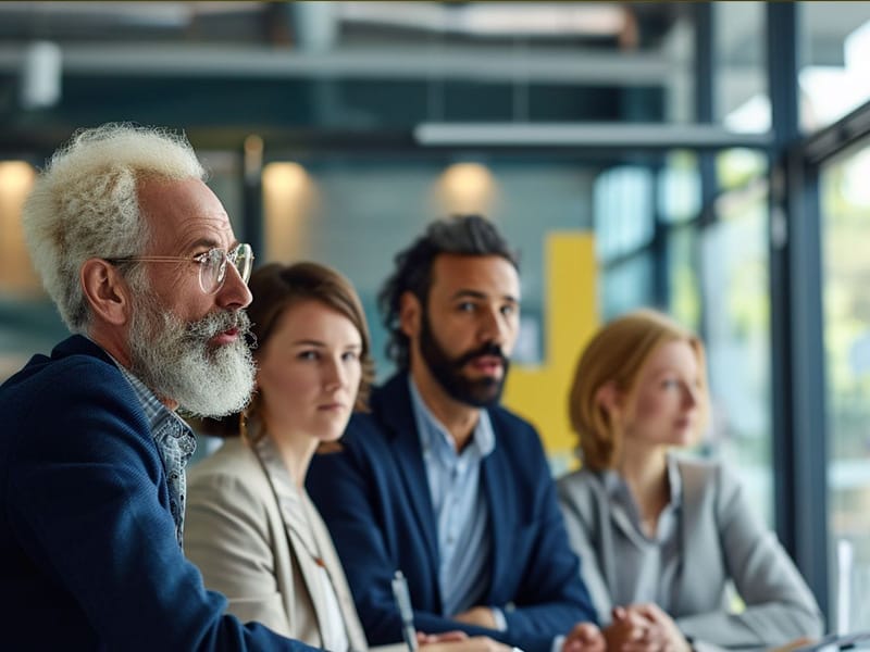 A group of business people sitting at a conference table.