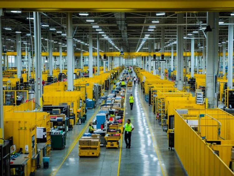 A warehouse with many yellow boxes.