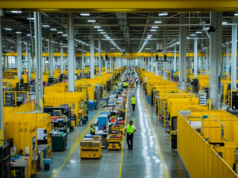 A warehouse with many yellow boxes.