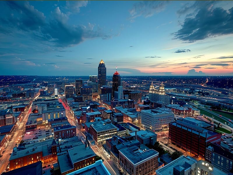 An aerial view of a city at dusk.